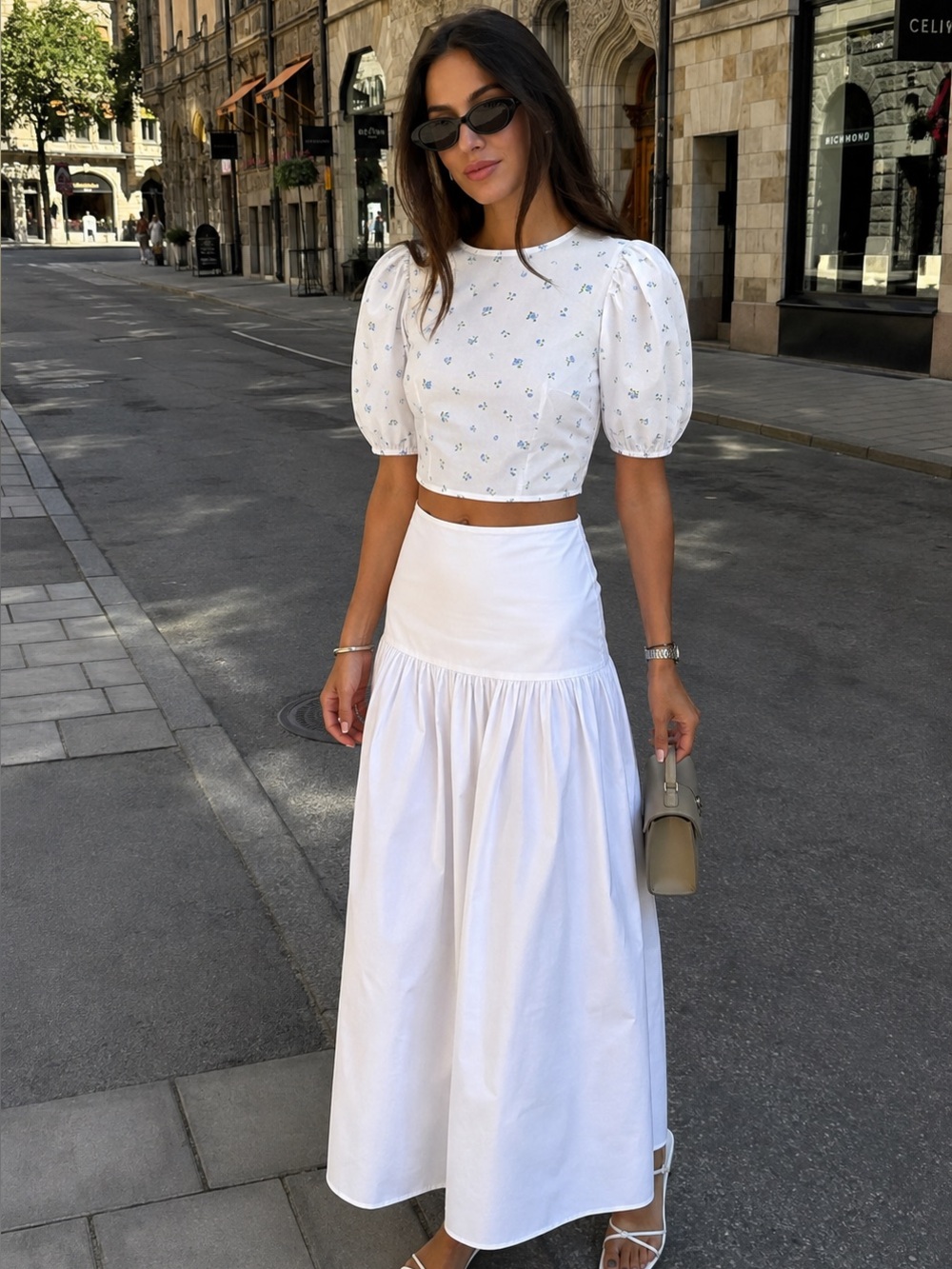 Simons White Floral Puff Sleeve Crop Top Boho Cottagecore European Summer M